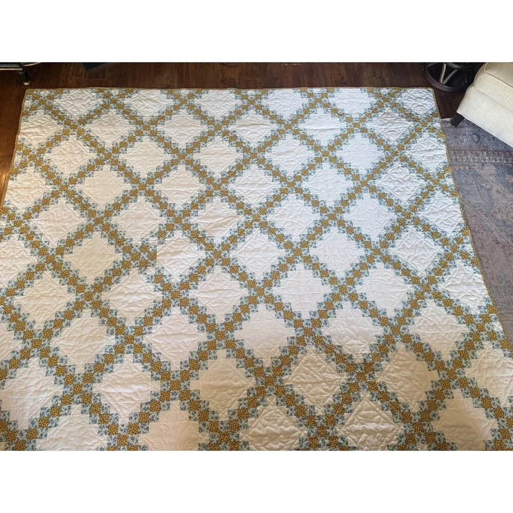 Vintage Handmade Granny Quilt embroidered Floral Blue Yellow Patchwork 91”x75”